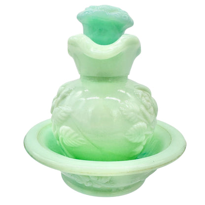 Vintage Avon Skin So Soft Green Milk Glass Pitcher and Bowl 3pc Set Rose Design