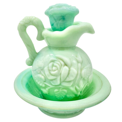 Vintage Avon Skin So Soft Green Milk Glass Pitcher and Bowl 3pc Set Rose Design