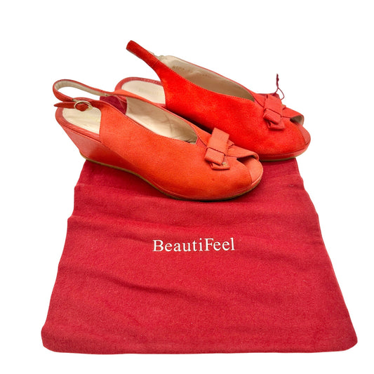 BeautiFeel Red Suede Slingback Peep Toe Wedge Sandals Size 39 US 8.5 Bow Accent