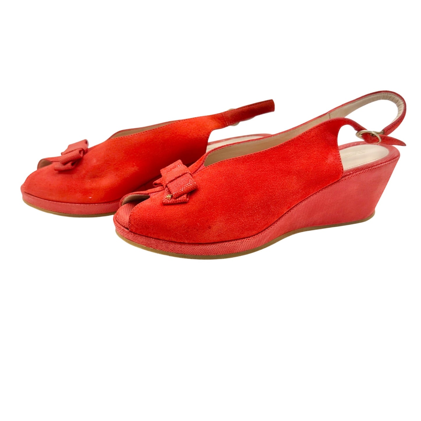 BeautiFeel Red Suede Slingback Peep Toe Wedge Sandals Size 39 US 8.5 Bow Accent