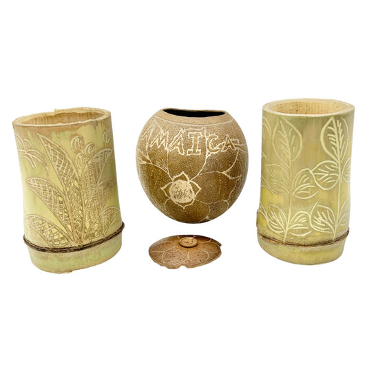 Jamaican Handcrafted Bamboo Cups Coconut Bowl 3pc Set Floral Engravings