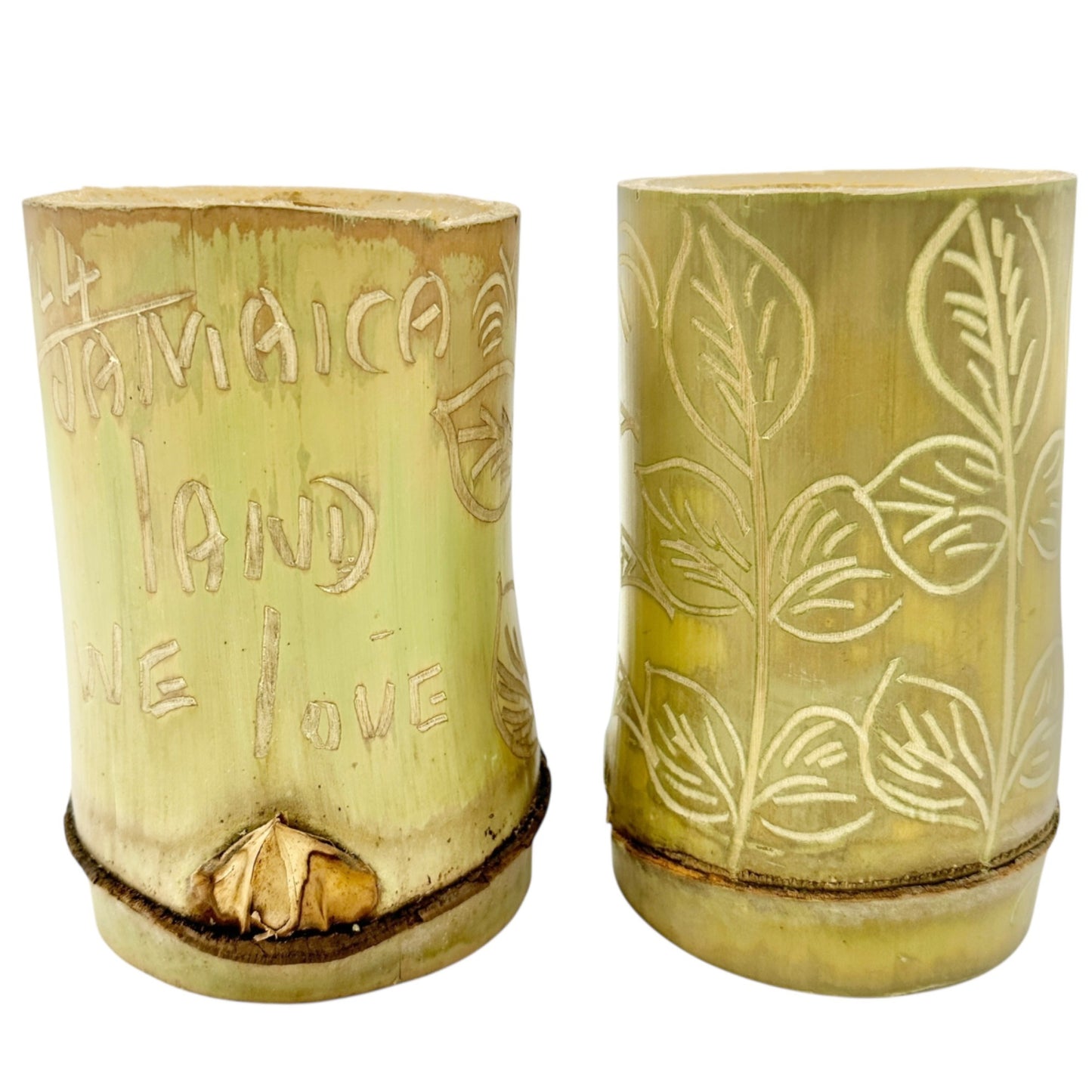 Jamaican Handcrafted Bamboo Cups Coconut Bowl 3pc Set Floral Engravings