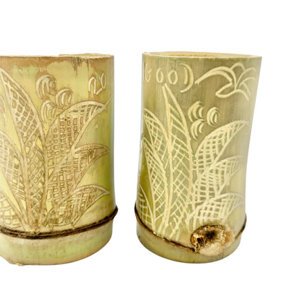 Jamaican Handcrafted Bamboo Cups Coconut Bowl 3pc Set Floral Engravings