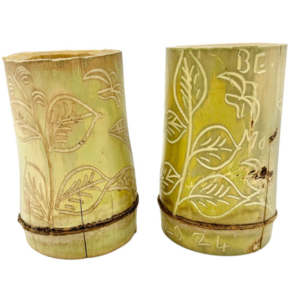 Jamaican Handcrafted Bamboo Cups Coconut Bowl 3pc Set Floral Engravings