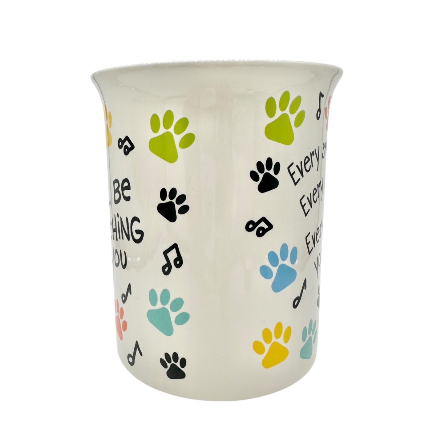 Dog-Themed Ceramic Mug With Colorful Paw Prints & Notes I’ll be Watching You