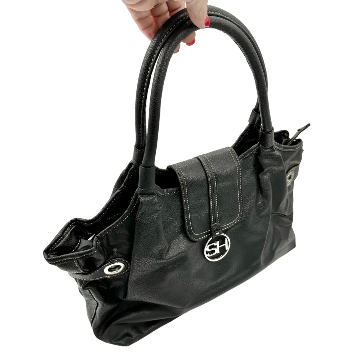 Sag Harbor Handbag  Black Faux Leather Double Handles Silver Hardware