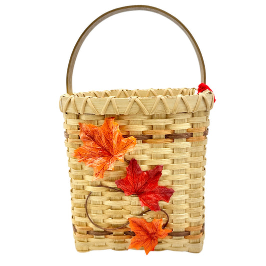 Handmade Basket Falling Leaves Square Shaped with Handle and Leaves Decoration on Front