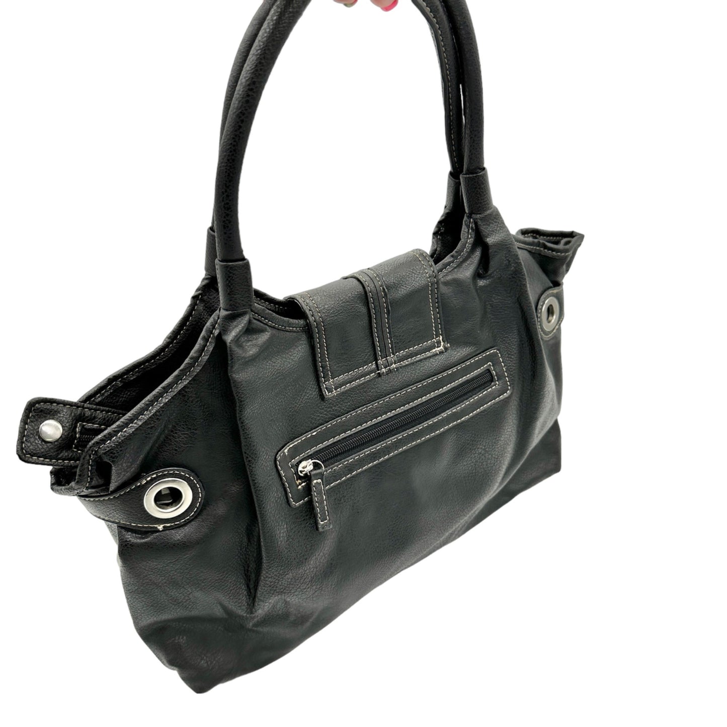 Sag Harbor Handbag  Black Faux Leather Double Handles Silver Hardware