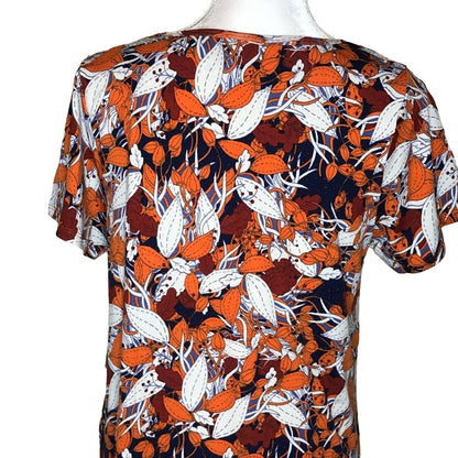 LuLaRoe Classic T Women's Medium Top Orange White Red Leaves Navy Blue NWT