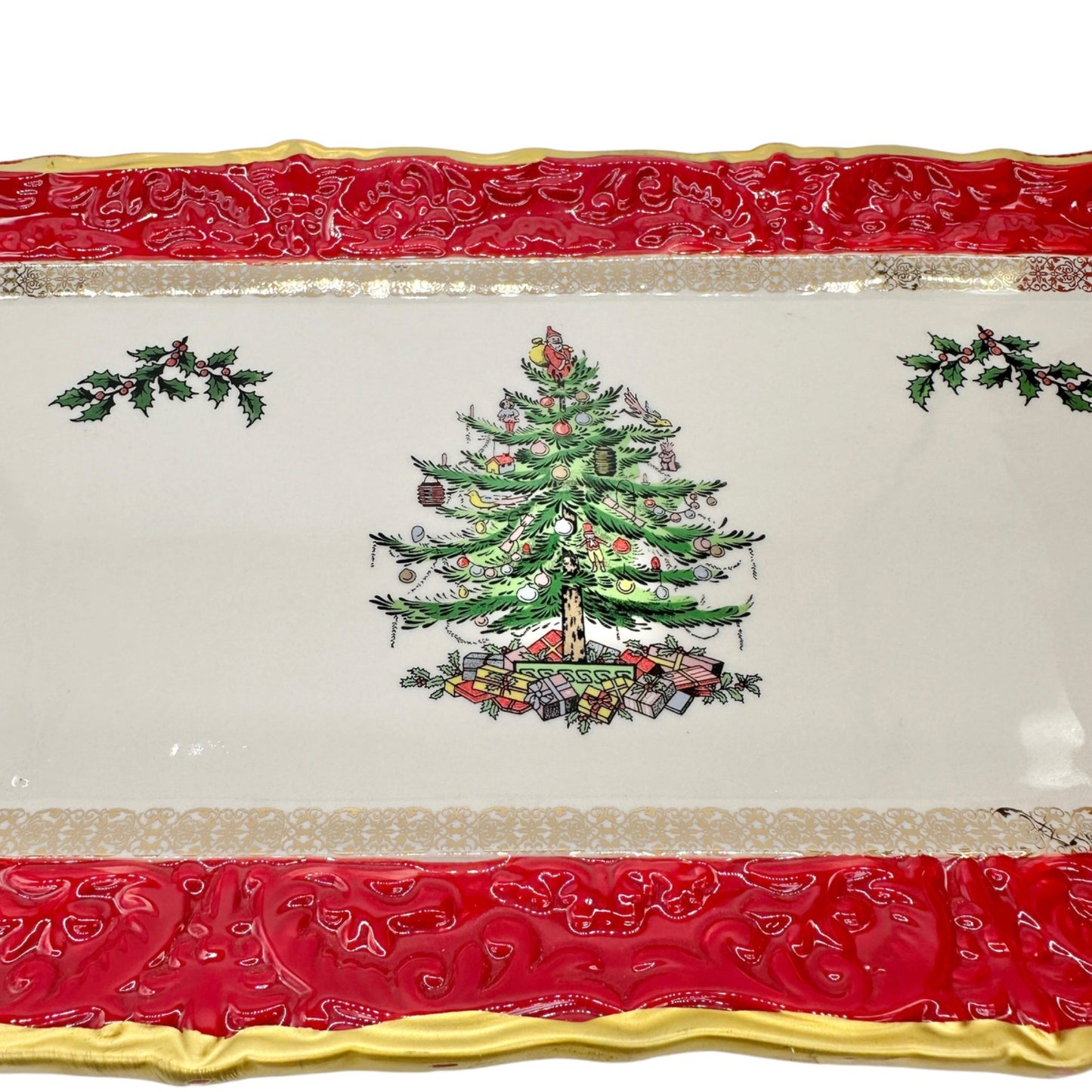 Spode Christmas Tree Sandwich Tray with Red Ribbons NIB MSRP $100