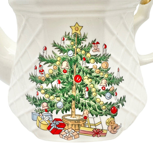 Christmas Tea Pot 6 inch Cream Gold Trim Tree Presents (small chip on spout)