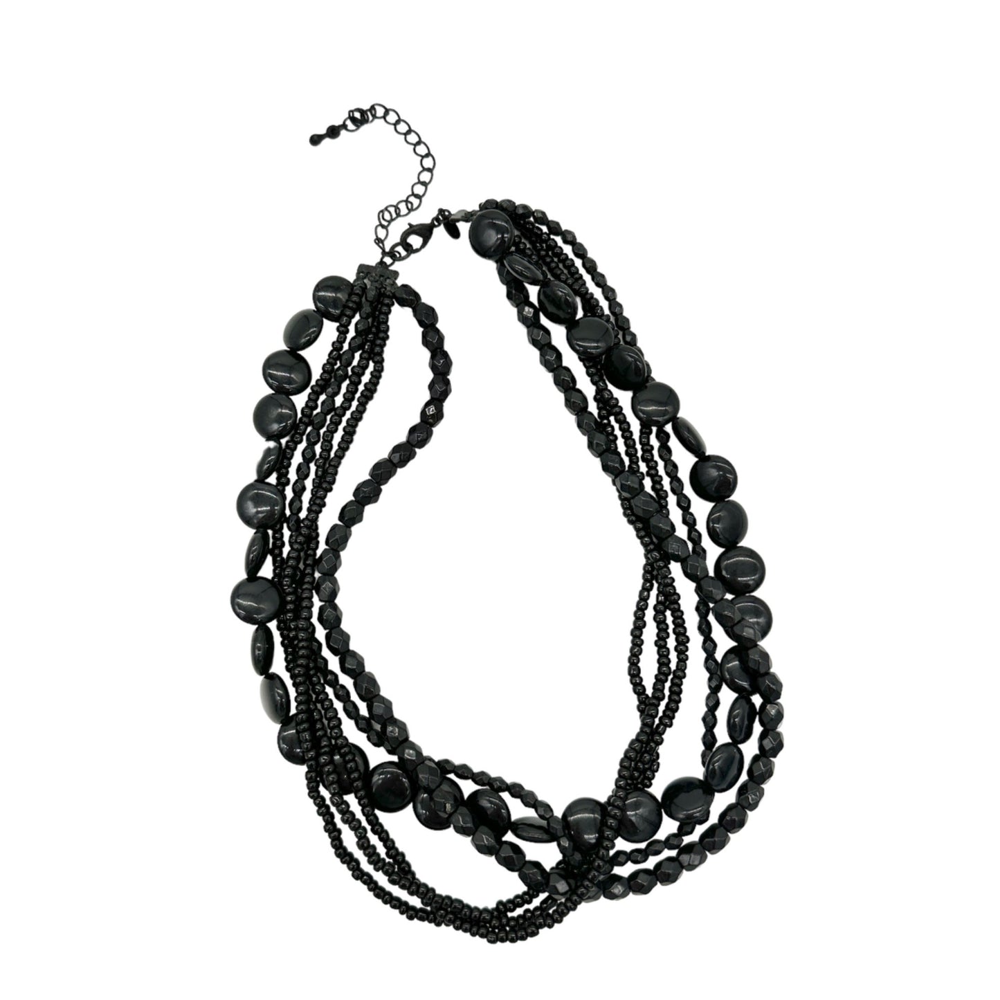 Cato Multi-Strand Black Beaded Necklace Adjustable from 15"-18" Lobster Clasp