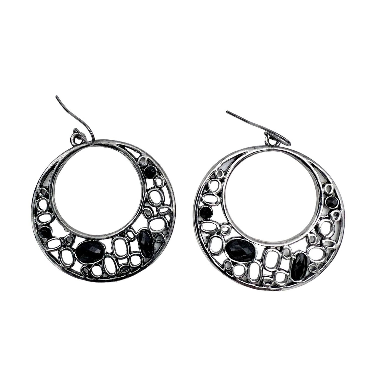 Earrings Pierced Drop Hoops Silver Tone Black Gems