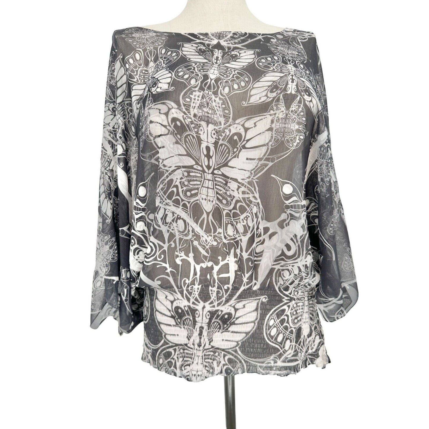 Unity World Wear Top Women's 3x Black White Butterfly Print Slightly Sheer