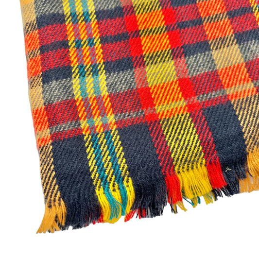 Ruggine Scarf Wrap 77x33 Acrylic Plaid Blue Yellow Red Frayed Fringe Edges