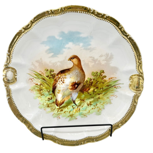 Antique Bavarian Porcelain Plate Bird Design Gold Trim 11.5 inch Hanging Holes