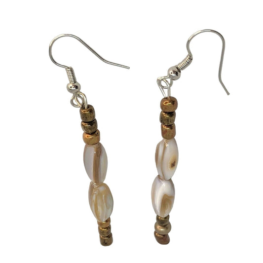 Handcrafted Bead Drop Earrings Bronze & White Swirled Beads Fun Eye Catching NEW