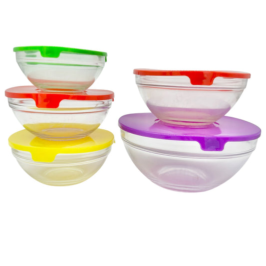 Set Of 5 Glass Bowls Colorful Matching Lids Food Storage Or Leftovers