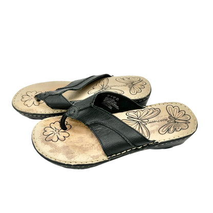 Hush Puppies Womens Size 9M Black Leather Thong Sandals Wedge Heel