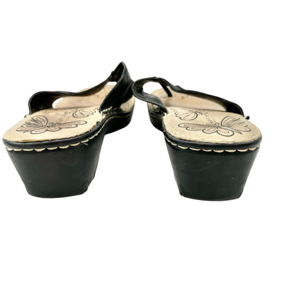 Hush Puppies Womens Size 9M Black Leather Thong Sandals Wedge Heel