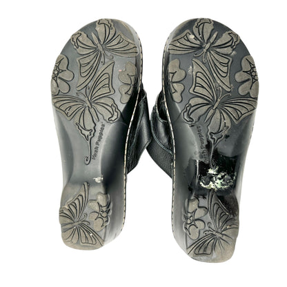 Hush Puppies Womens Size 9M Black Leather Thong Sandals Wedge Heel