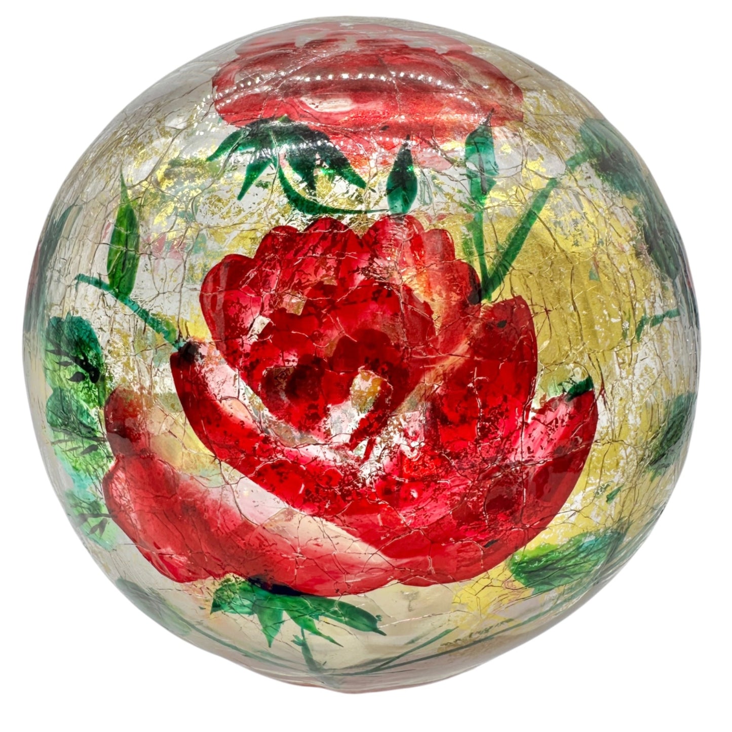 Lighted Glass Sphere Red Flowers Gold Accents Battery Operated Decor Ball 6"Dia