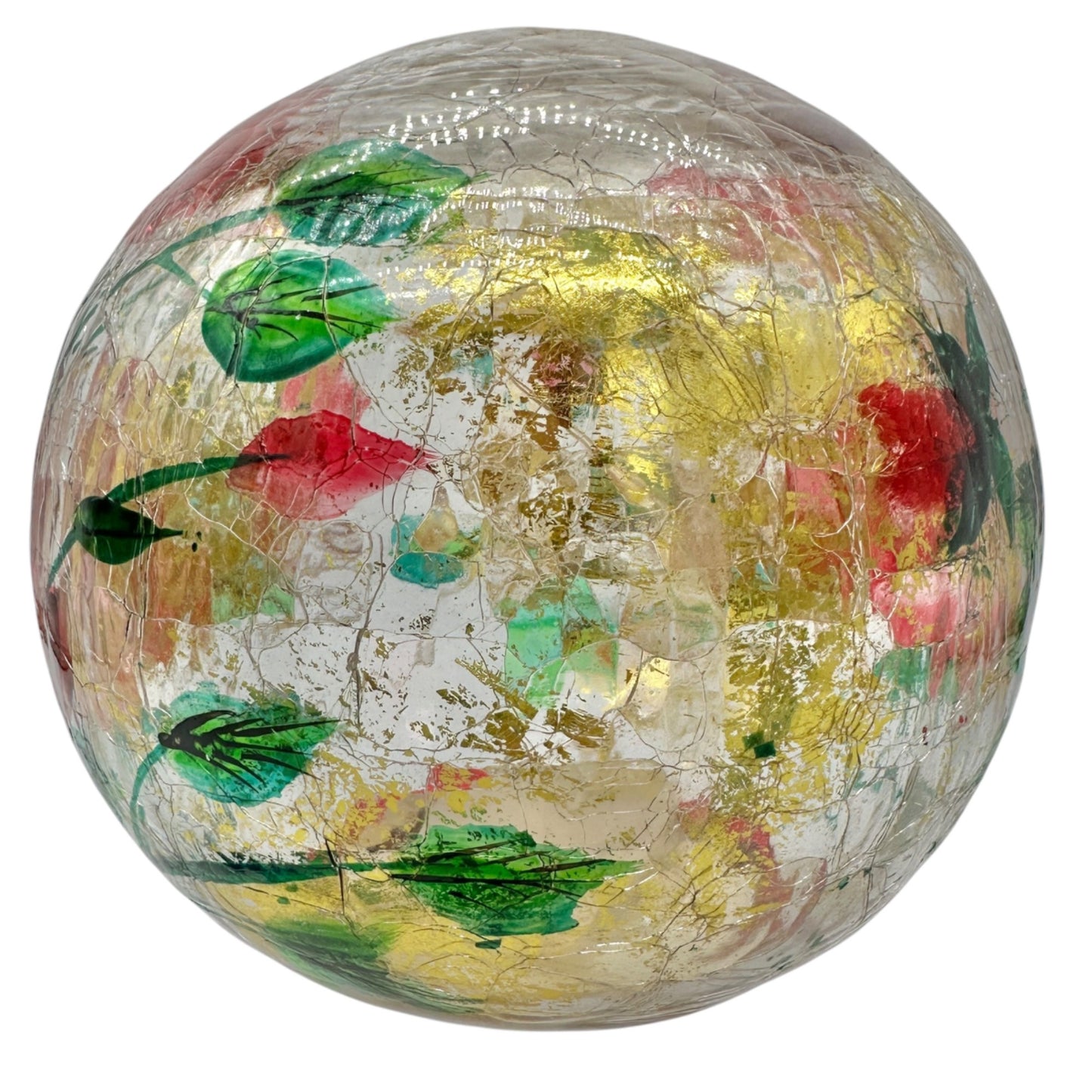 Lighted Glass Sphere Red Flowers Gold Accents Battery Operated Decor Ball 6"Dia