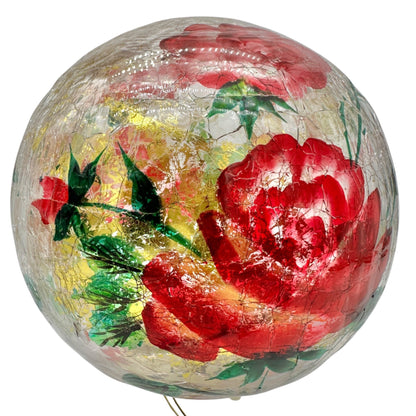 Lighted Glass Sphere Red Flowers Gold Accents Battery Operated Decor Ball 6"Dia