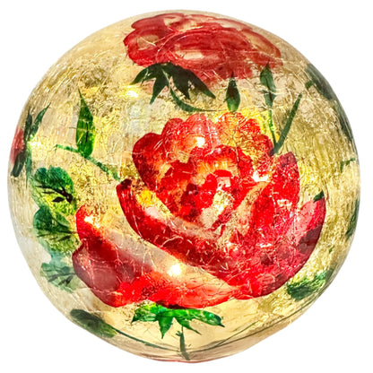 Lighted Glass Sphere Red Flowers Gold Accents Battery Operated Decor Ball 6"Dia