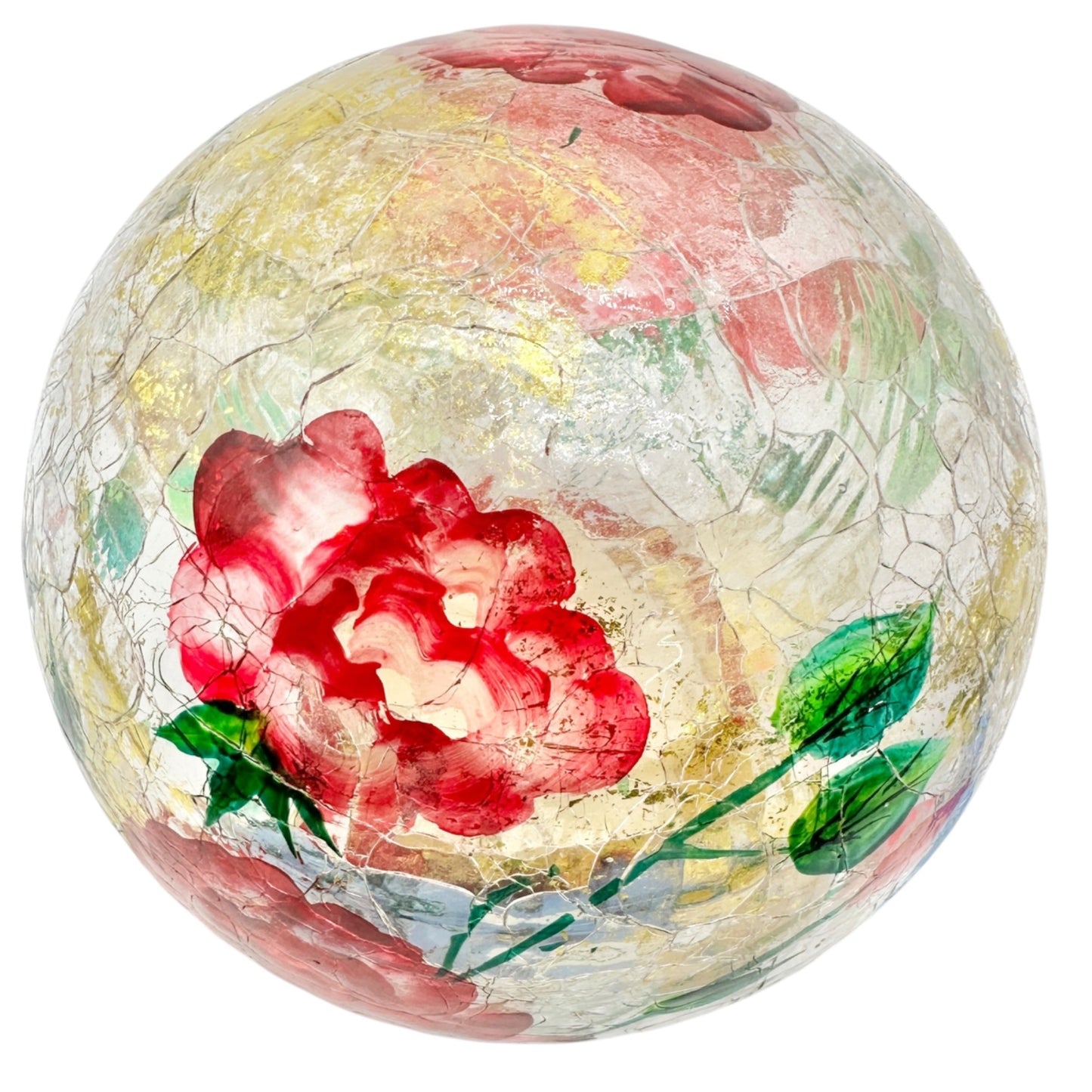 Lighted Glass Sphere Red Flowers Gold Accents Battery Operated Decor Ball 6"Dia