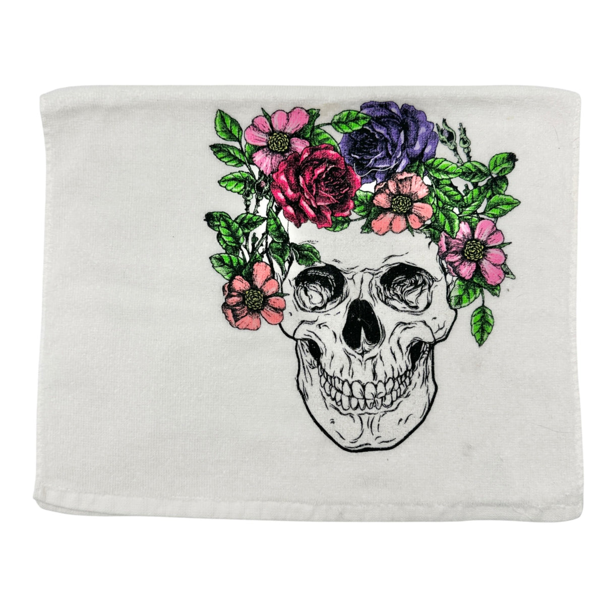 Floral Sugar Skull Cotton Kitchen Towel White With Vibrant Print 14.5” X 23.5”