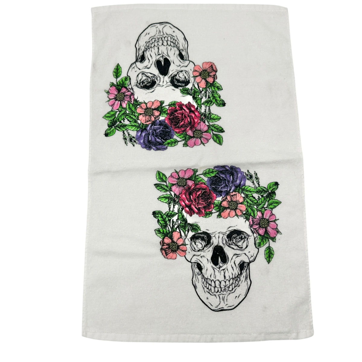 Floral Sugar Skull Cotton Kitchen Towel White With Vibrant Print 14.5” X 23.5”
