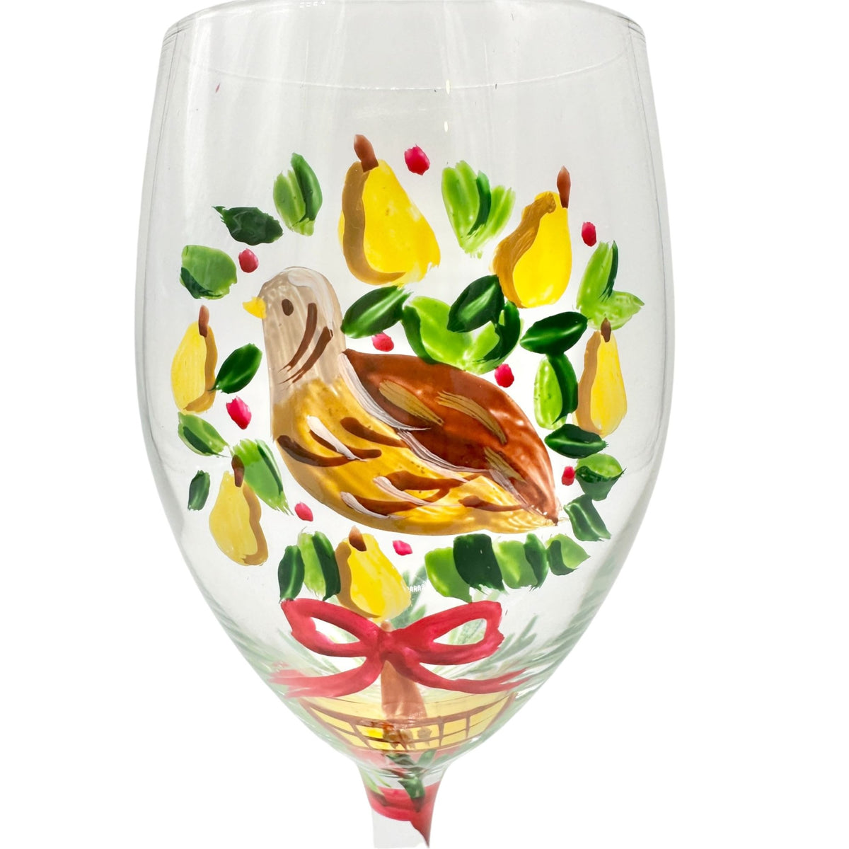 Wine Glass Partridge In A Pear Tree Design Hand Painted 9" H Christmas Holiday