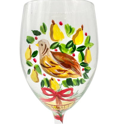 Wine Glass Partridge In A Pear Tree Design Hand Painted 9" H Christmas Holiday
