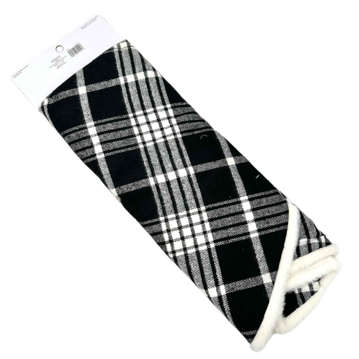Ashland Holiday Christmas Tree Skirt Black White Plaid with Faux Fur Edge 48”