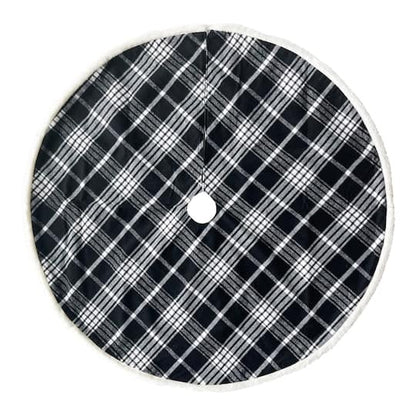 Ashland Holiday Christmas Tree Skirt Black White Plaid with Faux Fur Edge 48”