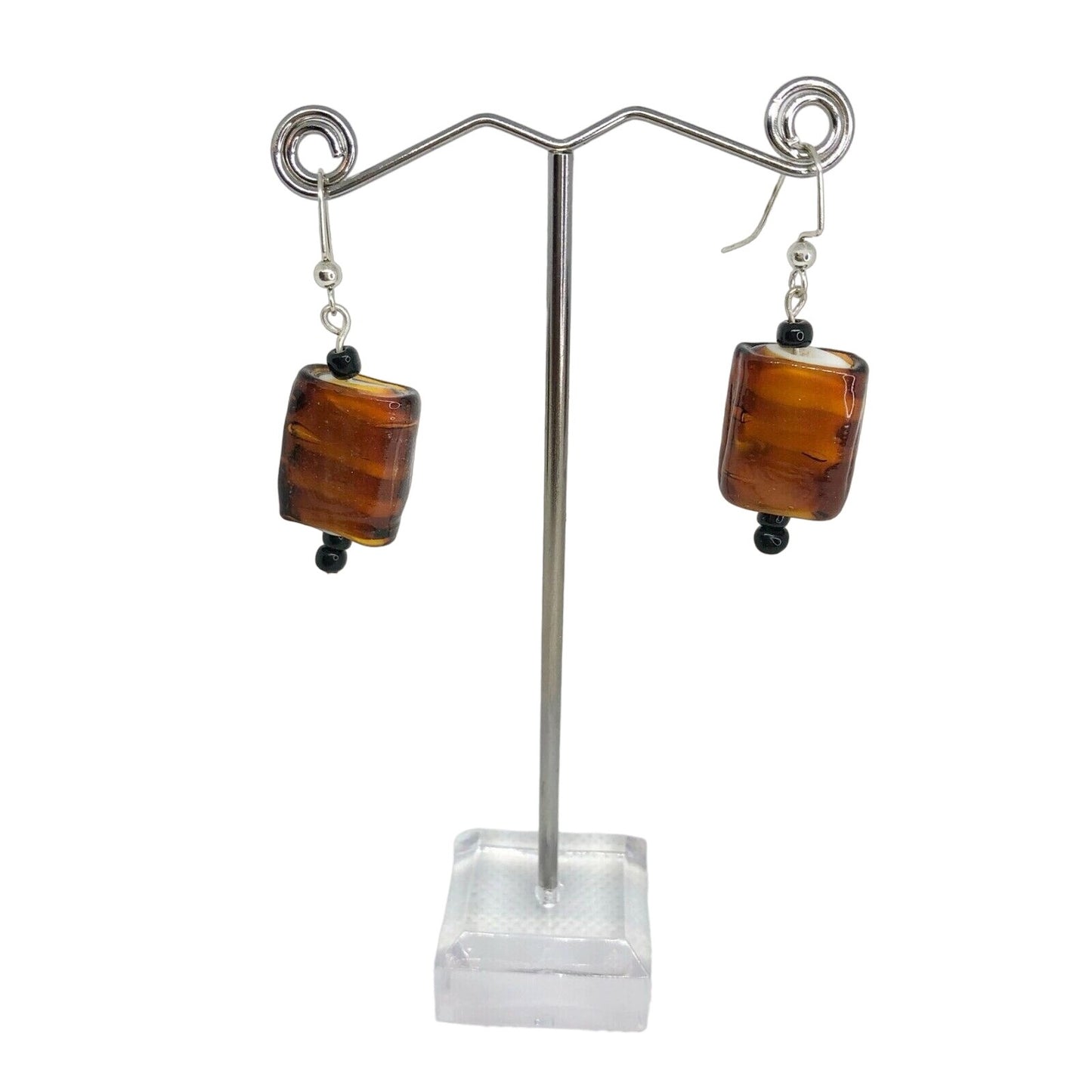 Handcrafted Beaded Earrings Brown & Black Glass Beads Silver Hooks Jewelry NEW