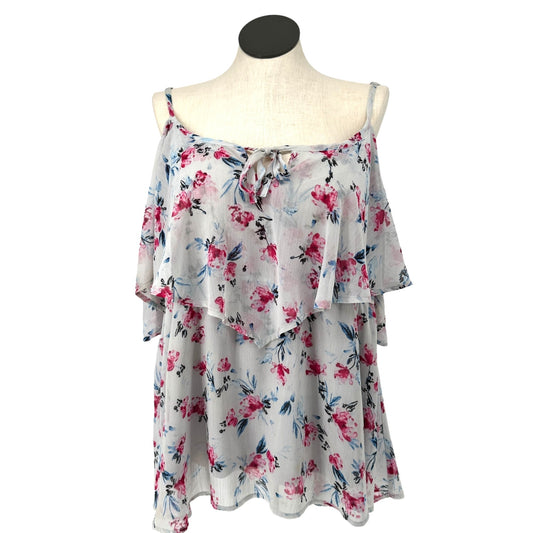 Torrid Top Womens 3X Sleeveless Layered Blouse Floral Print Pink Blue on White