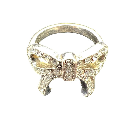 Womens Ring Silver Tone Bow with Crystals Size 5