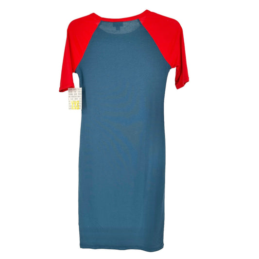 LuLaRoe Retired Julia Dress XXS Blue with Red Raglan SS Form Fitting NWT