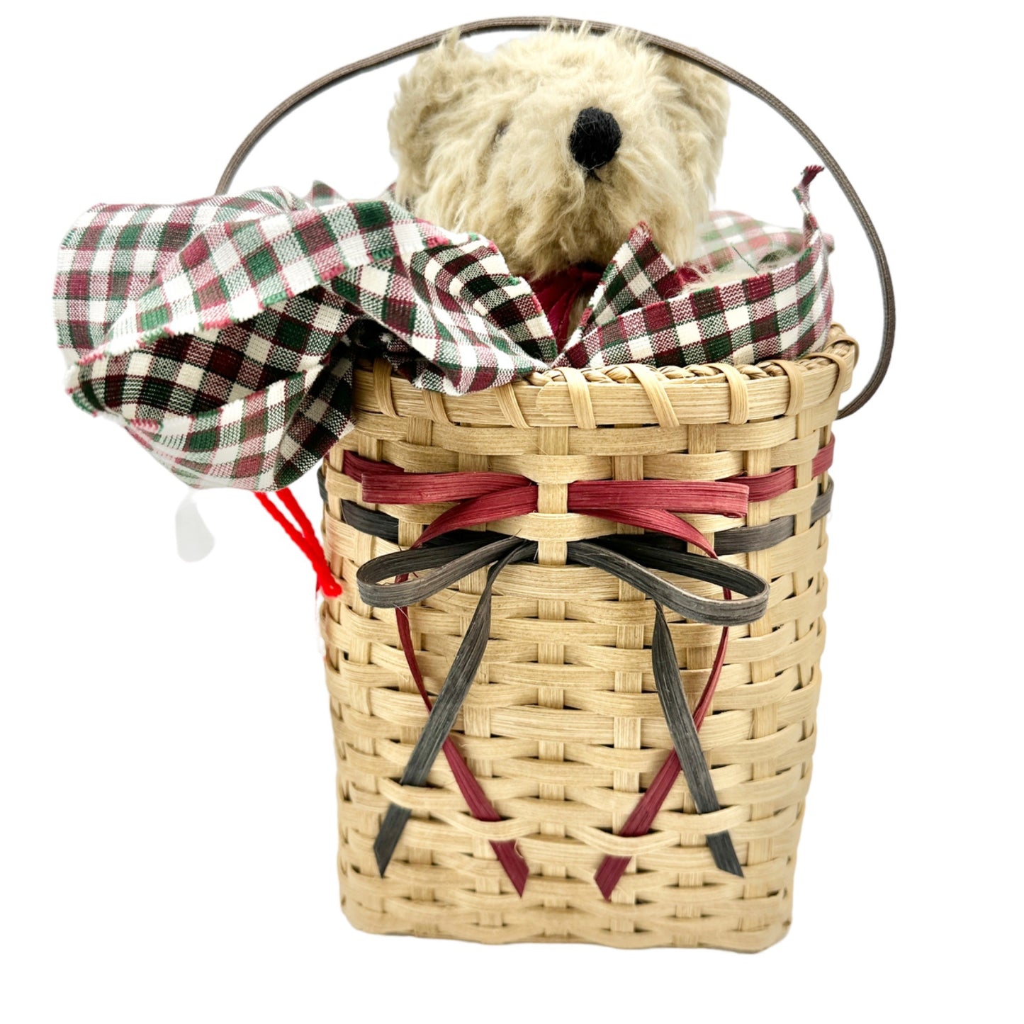 Handmade Basket Bear in Goody Bag Medium Teddy Bear Burgundy Green Fabric & Bows