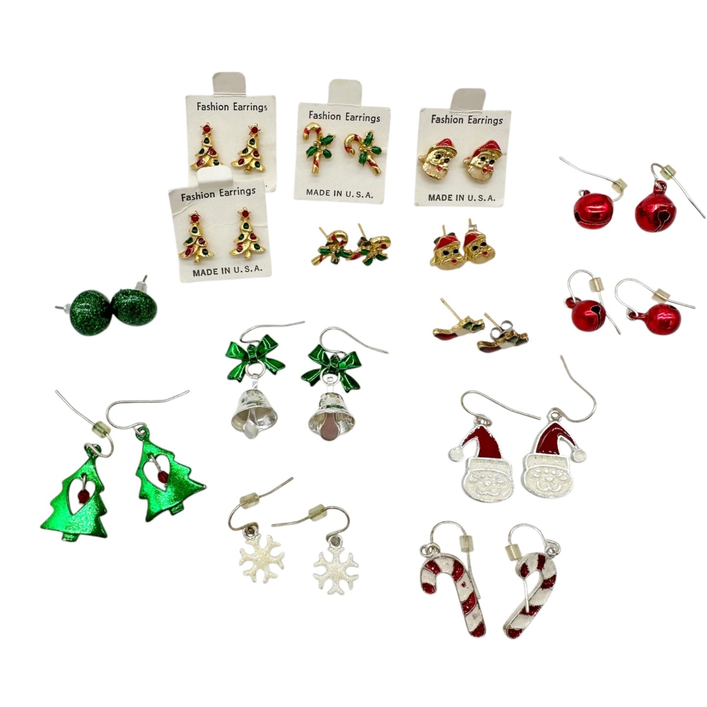 14-Pair Christmas Earring Set Holiday Designs Trees Bells Santas Candy Canes