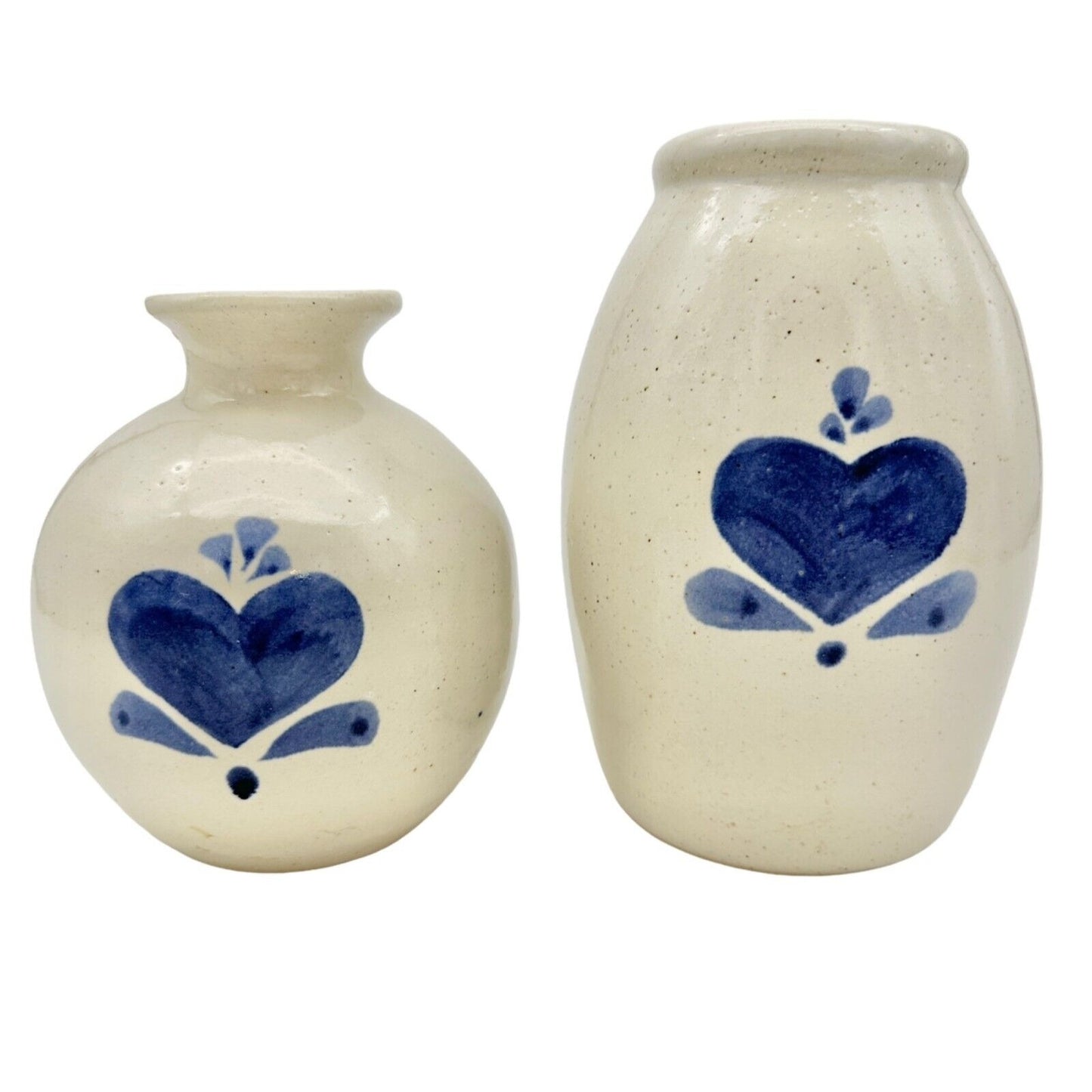 Pair of Stoneware Crocks Off-White with Blue Heart Motif