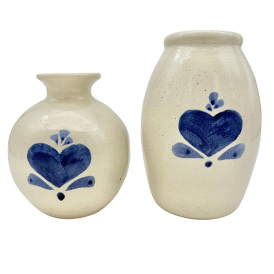 Pair of Stoneware Crocks Off-White with Blue Heart Motif