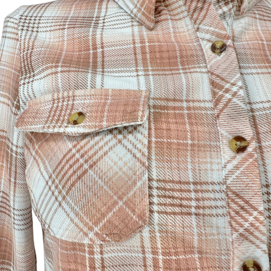 Passport Girl Shirt L (14) Peach Plaid Button Front Chest Pockets Soft EUC