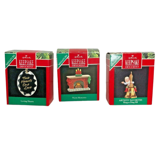 Hallmark Keepsake Lot of 3 Miniature Ornaments Bell Elf Fireplace Loving Hearts