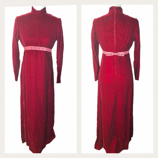 Vintage Long Velvet LS Maroon Empire Waist Dress Handmade Modest