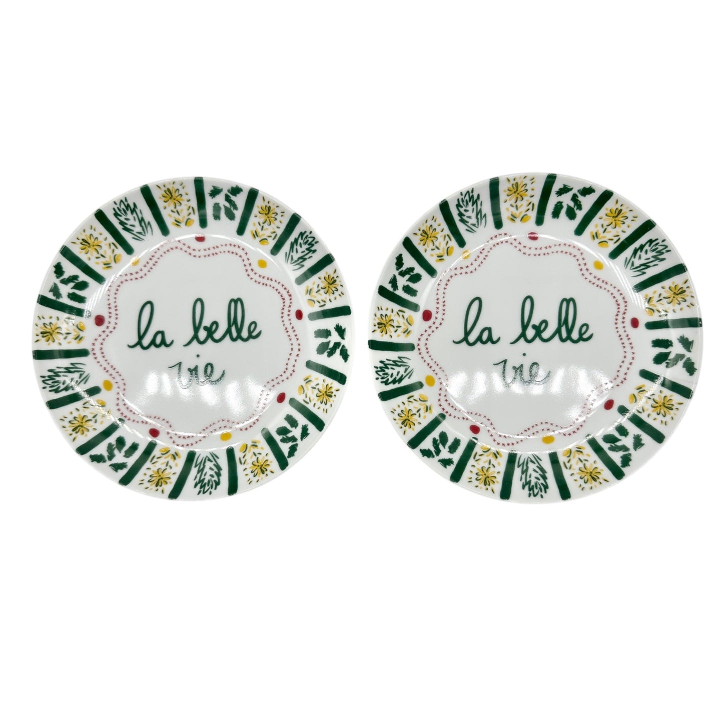 Fragonard 6 pc Porcelain Dessert Plates White Red Green Yellow French Design 6in