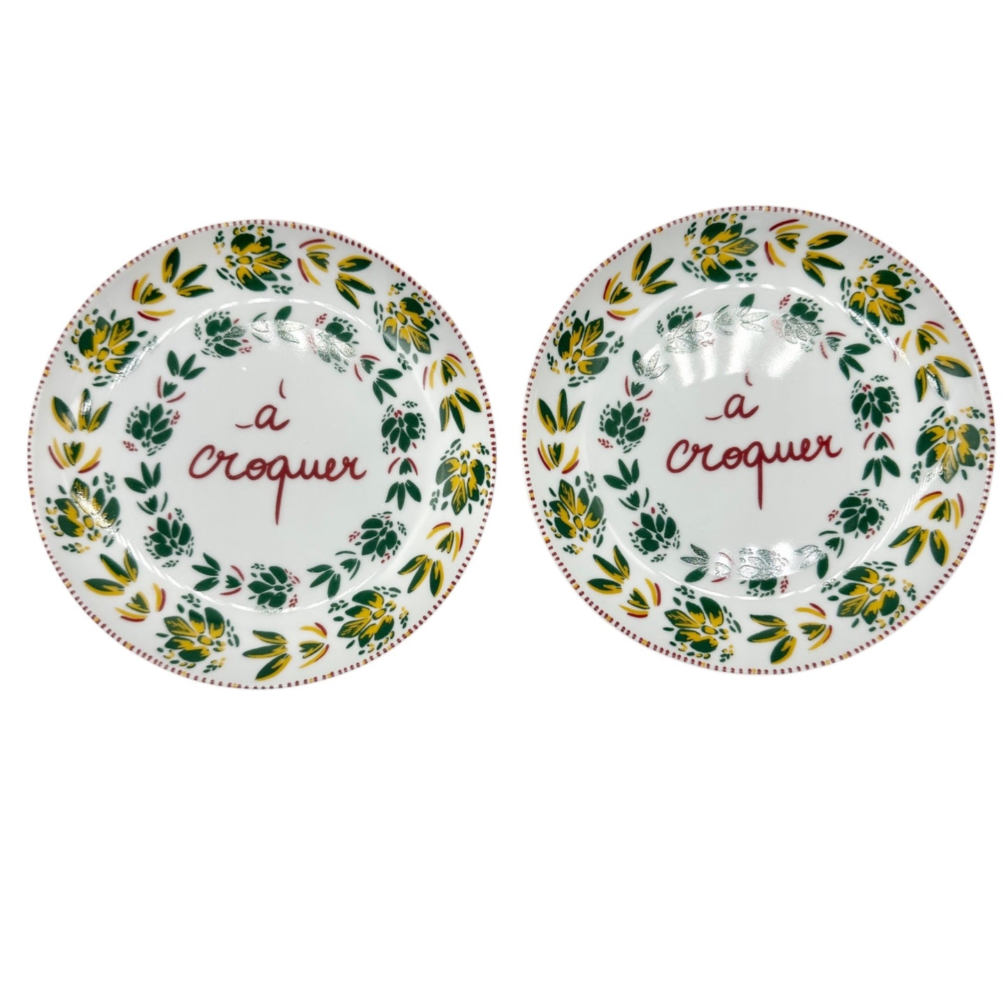 Fragonard 6 pc Porcelain Dessert Plates White Red Green Yellow French Design 6in