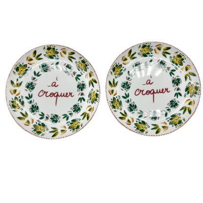 Fragonard 6 pc Porcelain Dessert Plates White Red Green Yellow French Design 6in